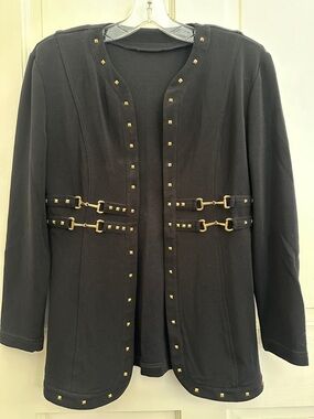 Vintage Gold Buckle & Stud-Trim Open Front Women's Blazer Jacket in Black Size 6